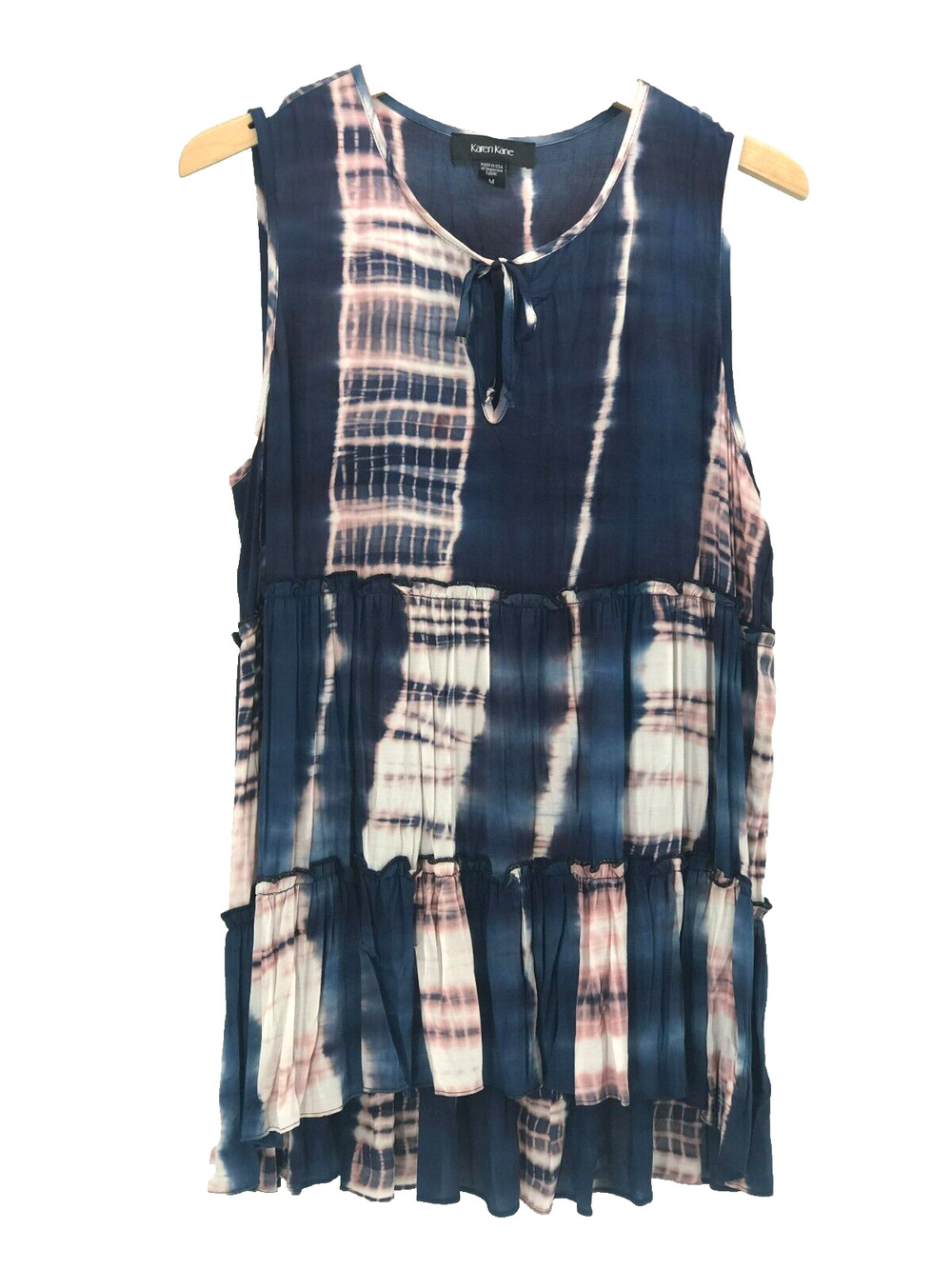 Karen Kane Top Womens Medium Blue Pink Tie Dye Tiered Sleeveless Boho Casual